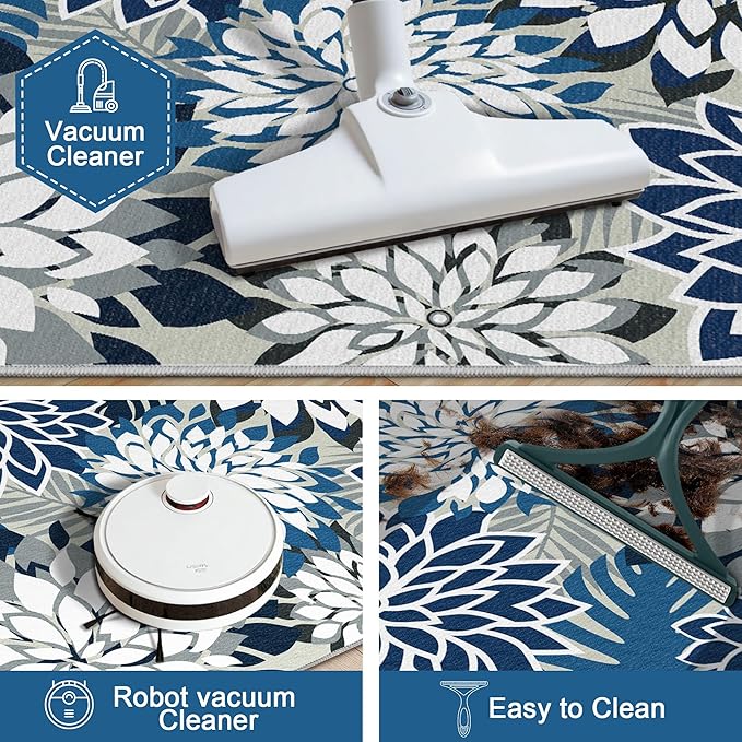 Area Rug 2x6 Blue White Washable Entry Rug Multicolored Tropical Botanical Modern Floral Indoor Kitchen Door Mat Entrance Carpet Non Slip for Bedroom Living Room, Porch-Ruum Studio Home