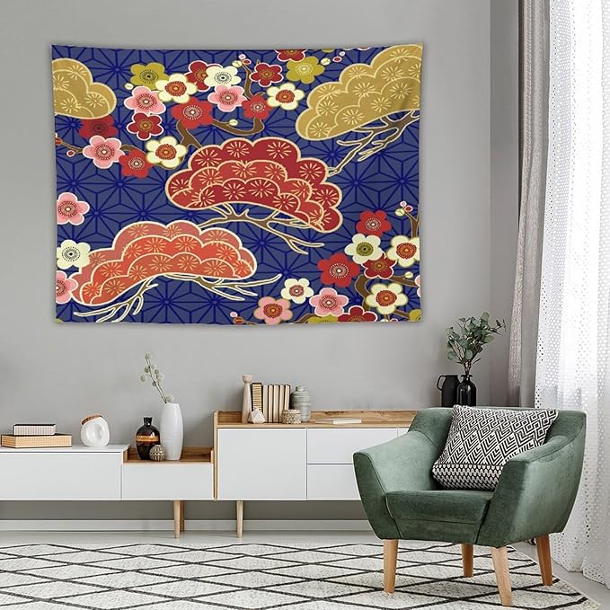 HZOHNAGO Japanese Tapestry Art Abstract Colorful Cherry Blossom Blue Background Pattern Printed Wall Tapestry Painting Wall Hanging for Bedroom Living Room Dorm 80" W x 60" H-Ruum Studio Home