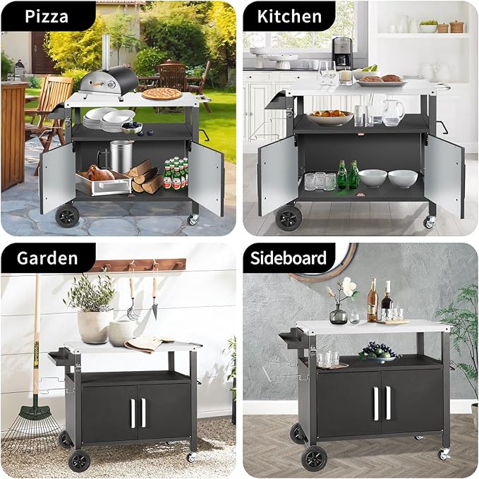 Dining Cart Table with Big Storage Cabinet, Movable Outdoor BBQ Grill Table Pizza Oven Stand, Kitchen Cart Island Multifunctional Food Prep for Inside and Outside-Ruum Studio Home