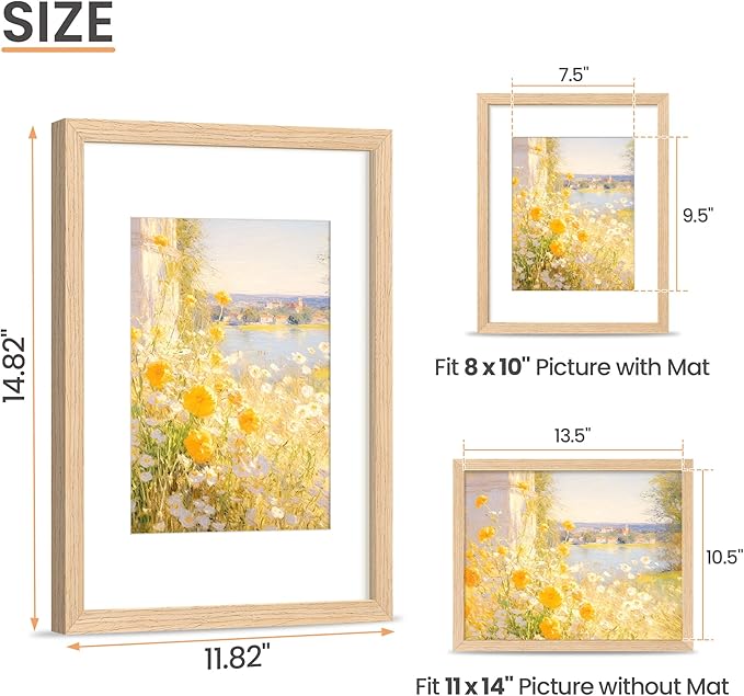 upsimples 11x14 Picture Frame, Natural Solid Wooden Picture Frames, Display 8x10 with Mat or 11 x 14 Without, Vertical or Horizontal Wall Hanging, 1 Pack, Natural-Ruum Studio Home