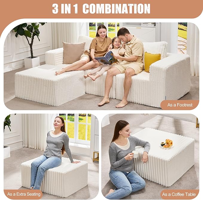 Hobestluk Rectangle Ottoman Memory Foam Footrest for Couch with Removable Cover Large Floor Seating for Adults Ottoman Coffee Table for Living Room, Bedroom or Office (Strip White, Footrest)-Ruum Studio Home