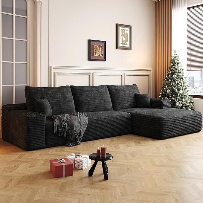 108" Sectional Couches for Living Room Modern Modular Sofa with L-Shape Couchs Upholstered Boneless Couch Deep Seat Sectional Couch with Chaise (Black, Right Facing Chaise+2Seaters)-Ruum Studio Home