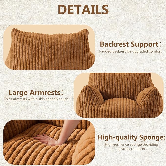 Giant Bean Bag Chairs for Adults Teens, Large Bean Bag Sofa Chairs with Filling Comfy Fuzzy BeanBag Chair with Armrests for Bedroom Living Room Reading (Brown, Large)-Ruum Studio Home
