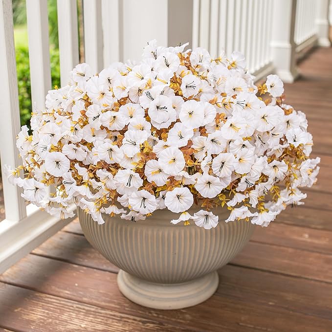 Fake Mums Artificial Fall Flowers Fake Plants for Outdoors Autumn Decor, 12 Bundles White Silk Morning Glory with Eucalyptus Look Real UV Resistant Faux Flowers for Outside Planters Front Door Yard-Ruum Studio Home