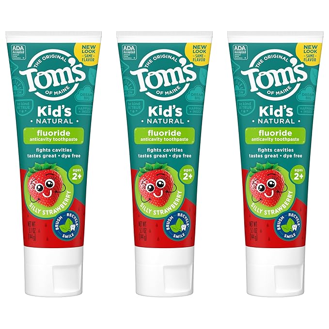 Tom's of Maine ADA Approved Fluoride Kids Toothpaste, Natural Toothpaste, Dye Free, No Artificial Preservatives, Silly Strawberry, 5.1 oz. 3-Pack (Packaging May Vary)-Ruum Studio Home