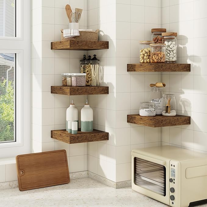 fuqing Floating Shelves for Wall, Bathroom Shelf Wall Mounted for Storage, Shelves with Invisible Bracket for Bedroom, Kitchen, Living Room, Farmhouse Small Book Shelf, 6.5 Inch Set of 3, Rustic Brown-Ruum Studio Home