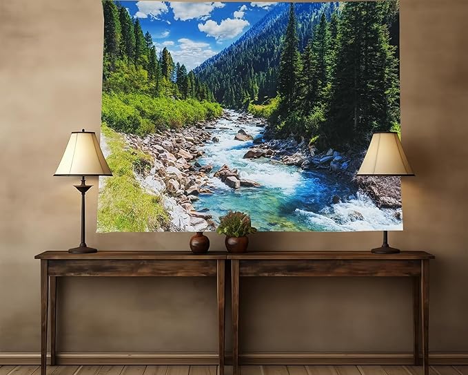 Nature Forest Mountain Tapestry Green Pine Tree Stream Tapestry White Clouds Flowing River Valley Landscape Scenery Tapestries Wall Hanging for Bedroom Dorm Living Room Office Classroom 60 x 40 Inch-Ruum Studio Home