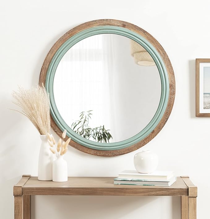 Kate and Laurel Palmer Rustic Farmhouse Round Wooden Mirror, 26 Inch Diameter, Blue and Rustic Brown, Modern Circle Decorative Wall Mirror with Paint Distressing-Ruum Studio Home