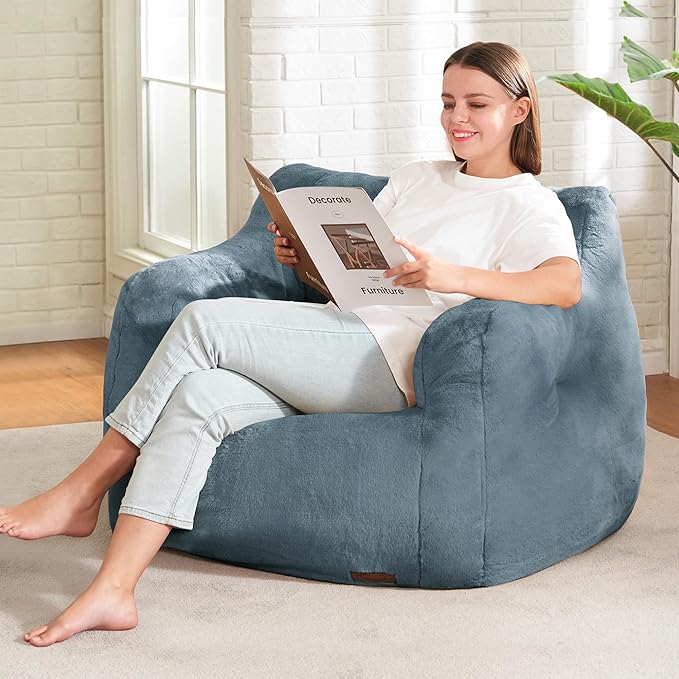 Hobestluk Bean Bag Chair for Adult Small Bean Bag Chairs with Arms Furry Beanbag Chair with Foam Filler Stuffed Bean Bag Sofa for Reading in Bedroom Living Room and Dorms (Blue Grey)-Ruum Studio Home