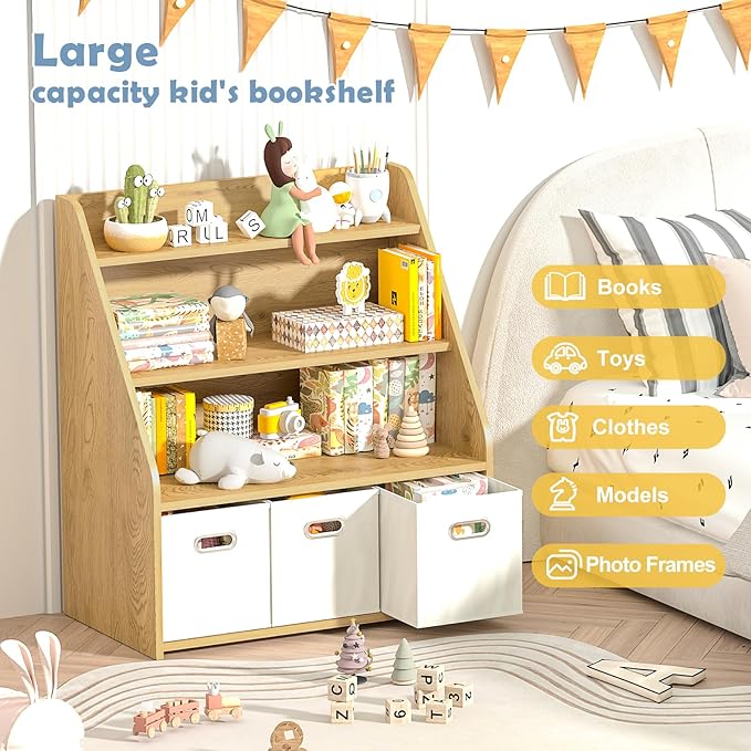 Kids Bookshelf and Toy Organizer, Wooden Kids Bookcase, Toddler Montessori Bookshelf with 3 Movable Drawers, Toy Storage Organizer for Kids Room, Living Room, Nursery-Ruum Studio Home