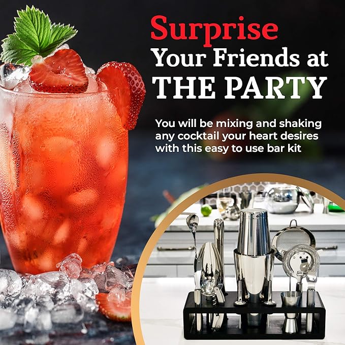 Highball & Chaser 13-Piece Boston Cocktail Shaker Set Stainless Steel Mixology Bartender Kit With Stand For Home Bar Cocktail Set | Laser Engraved Cocktail Tools | Plus E-Book with 30 Cocktail Recipes-Ruum Studio Home