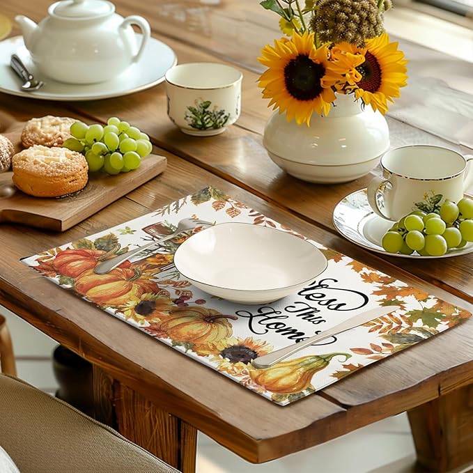 Fall Cross Pumpkin Placemats Set of 4 Autumn Thanksgiving Harvest Sunflower Maple Leaf Orange Linen Table Mats Seasonal Farmhouse Decorative Place Mat for Party Kitchen Dining Decor-Ruum Studio Home