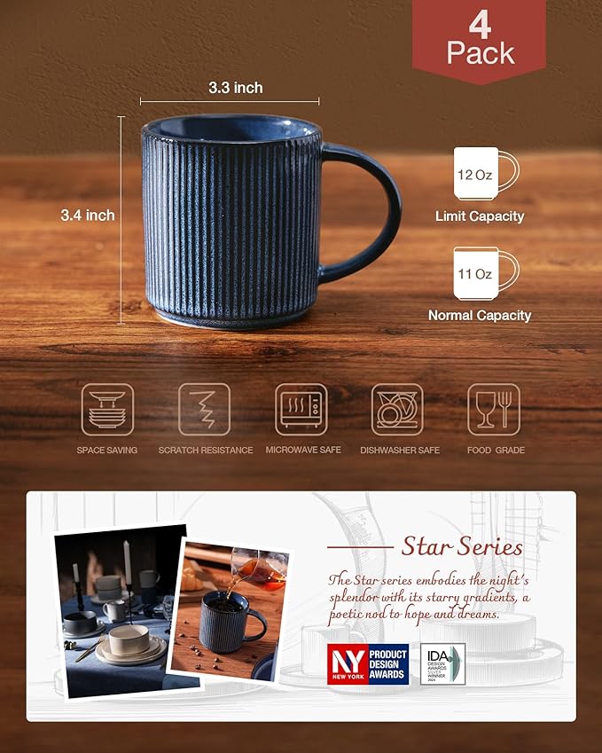 famiware Coffee Mug Set for 4, Star 12 oz Catering Mugs Cup Set with Handle for Coffee, Tea, Cocoa, Milk - Ceramic Stoneware Drinkware Set, Nebulas Blue-Ruum Studio Home