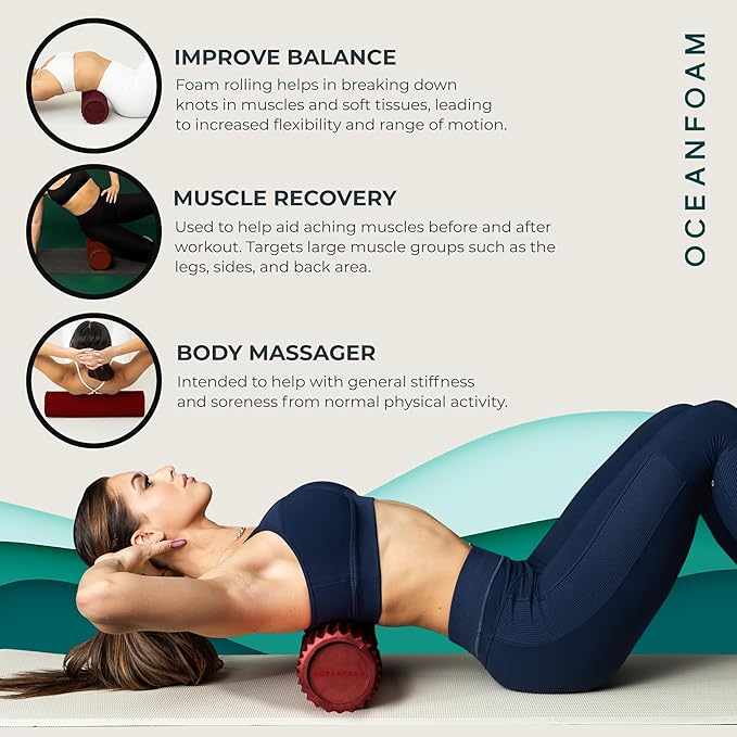 Oceanfoam Tidal Roller - Maroon - Muscle Massage Foam Roller for Back Pain & Stretching - Firm and Ergonomic Wide Wave Textured - Yoga, Athletics, & Wellness - Full Size, 20" x 5"-Ruum Studio Home
