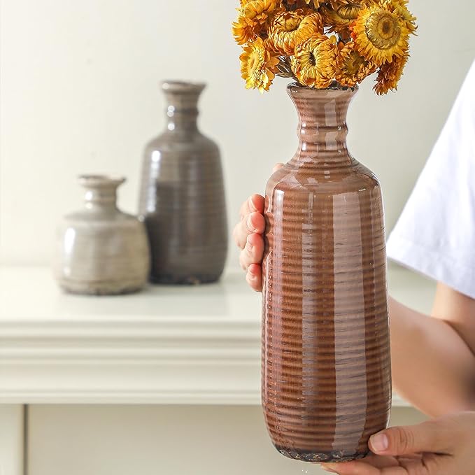 Ceramic Vases Set of 3, Neutral Rustic Farmhouse Vases Home Decor Decorative Flower Vase Modern Boho Pampass Vase for Table Mantel Entryway Shelf Living Room Kitchen Bathroom - Brown-Ruum Studio Home
