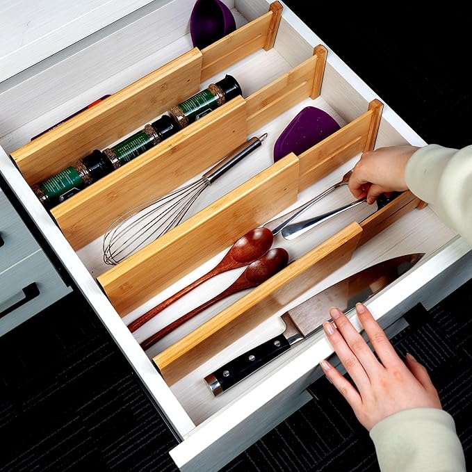 Utoplike Bamboo Dresser Drawer Dividers, 4'' High Adjustable Drawer Organizers for Clothing, Spring Loaded, Works in Kitchen, Bathroom, Bedroom, Drawer, Desk, 4 pcs-Ruum Studio Home