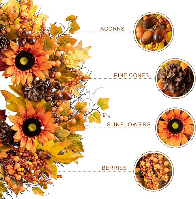 Glitzhome 24'' Fall Wreath for Front Door Decor, Artificial Autumn Orange Wreath with Sunflower, Maple Leaf and Berry Ornament for Wall Fireplace Farmhouse Thanksgiving Day Harvest Festival Decor-Ruum Studio Home