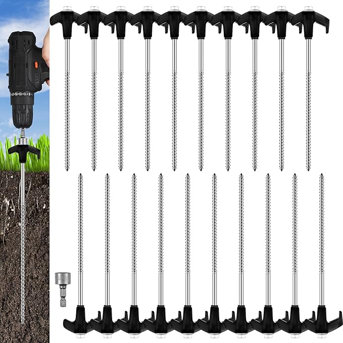 Hicarer 20 Pcs 20 Pcs 8'' Screw in Tent Stakes Heavy Duty Ground Metal Stakes for Inflatables with Hex Head Driver for Outdoor Camping Tent Inflatable Garden Decor (Black)-Ruum Studio Home