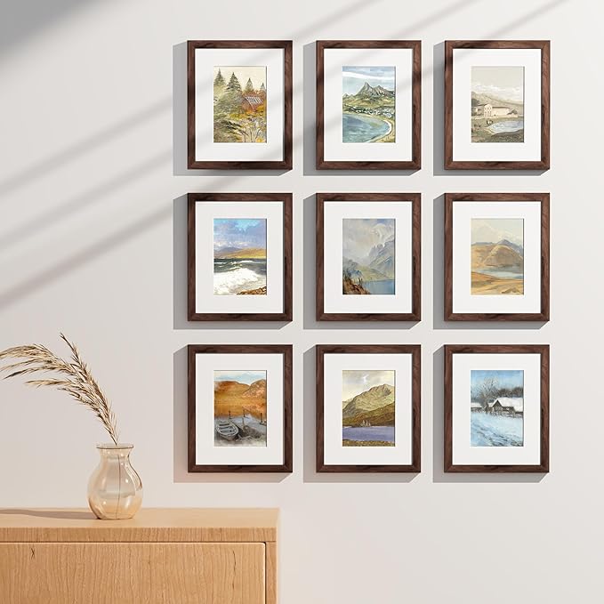 Vittanly 8x10 Picture Frames Set of 9, Shatter Resistant Plexiglass, Display 5x7 Pictures with Mat or 8x10 without Mat, Photo Frames for Wall or Tabletop, Engineered Wood, Walnut-Ruum Studio Home