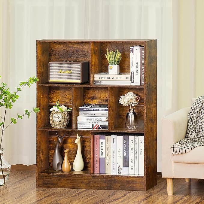 LEYAOYAO 7 Cube Bookshelf with Base,3 Tier Mid-Century Modern Brown Bookcase,Standing Wide Bookshelves Storage Organizer Shelf,Rustic Wood Display Cabinet Book Shelves for Bedroom,Living Room,Office-Ruum Studio Home