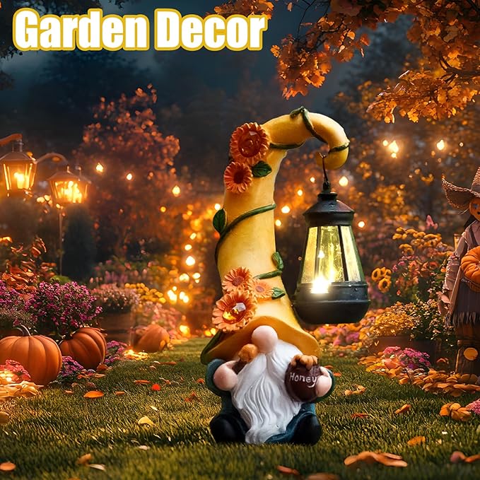 Fall Decorations for Home Porch 12" Solar Fall Gnome Sunflower Garden Statues Honey Bee Jar Decor with LED Lantern Outdoor Gnomes Decorations Patio Yard Balcony Art Birthday Gifts for Mom Grandma-Ruum Studio Home