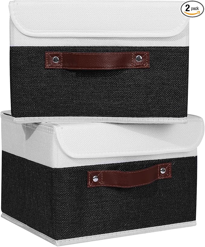 ANMINY 2PCS Storage Boxes with Lid Washable Decorative Storage Bins Basket with PU Leather Handle Foldable Linen Fabric Storage Cubes Containers for Home Closet Organizer - Black White, Small Size-Ruum Studio Home