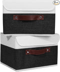 ANMINY 2PCS Storage Boxes with Lid Washable Decorative Storage Bins Basket with PU Leather Handle Foldable Linen Fabric Storage Cubes Containers for Home Closet Organizer - Black White, Small Size-Ruum Studio Home