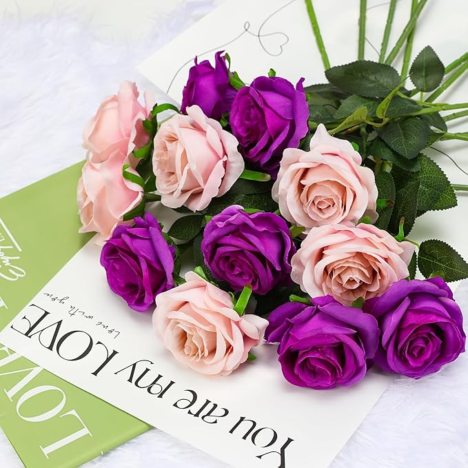 Purple Fake Roses Artificial Flowers - 16 Pcs Fake Artificial Roses Silk Flowers with Stems for Home Wedding Hotel Office Centerpiece Decor-Ruum Studio Home