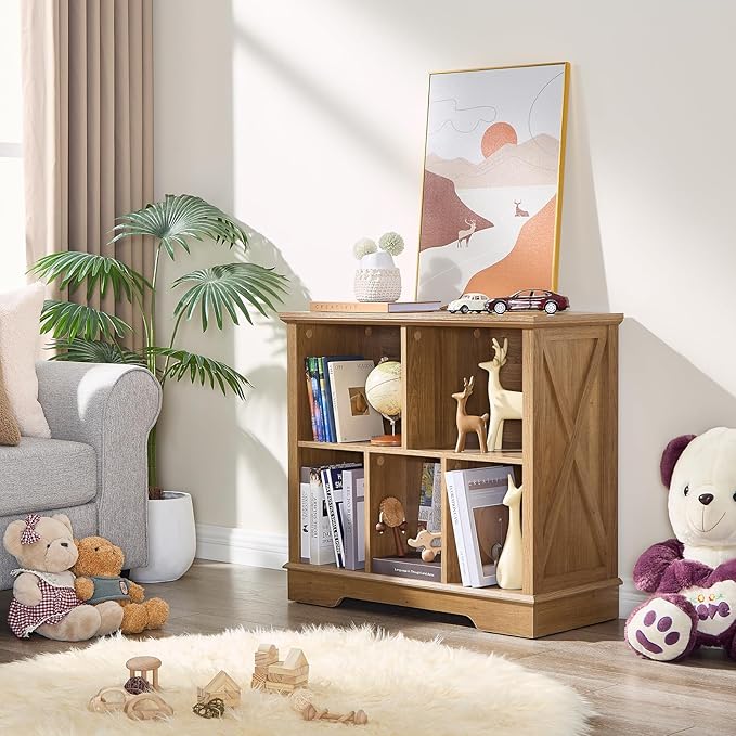 Farmhouse 5 Cube Bookshelf, Storage Organizer Bookcase, Kids Toy Storage Cabinet, Small Bookshelves Storage Organizer Shelf, Wood Display Cabinet Book Shelves for Bedroom,Living Room,Natural Oak-Ruum Studio Home