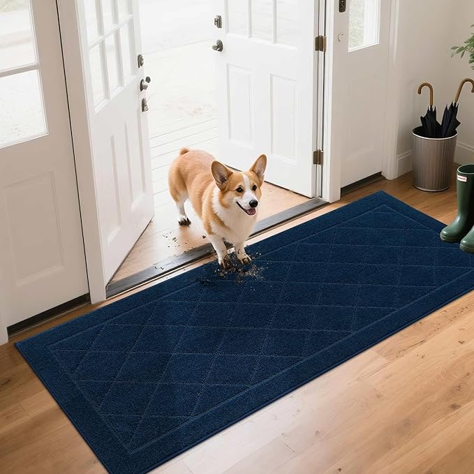 BEQHAUSE Dirt Trapper Door Mat 24" x 60", Doormat Non-Slip Entryway Rugs Washable, Dog Door Mat Stain Resistant and Absorbent Welcome Floor Mat for Front Back Door, Muddy Wet Shoes & Paws, Navy Blue-Ruum Studio Home