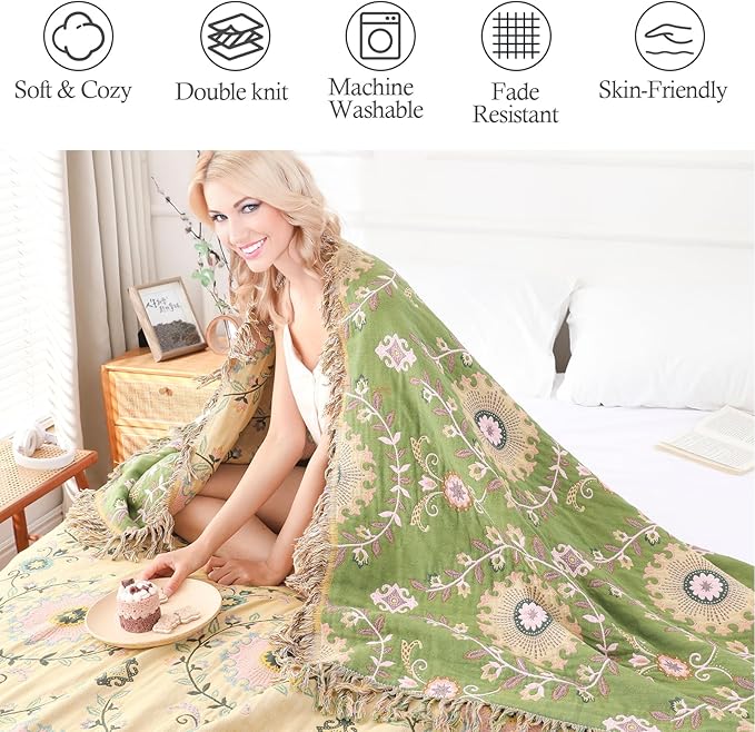 Snycler Boho Throw Blanket 60"x80" - 100% Cotton Ultra Soft Rustic Quilt, Green Floral Printed Farmhouse Decor for Bed, Sofa, Couch, Chair - All Season Cozy Blanket-Ruum Studio Home