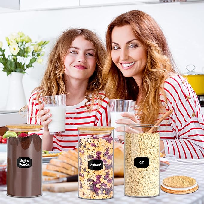 Glass Storage Jars 45 oz 4 Pcs Clear Glass Food Storage Containers with Airtight Bamboo Lid Stackable Kitchen Canisters for Candy, Cookie, Rice, Sugar, Flour, Pasta, Nuts-Ruum Studio Home