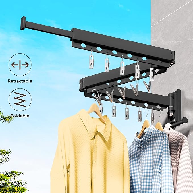 Wall Mounted Clothes Hanger, Aluminum Clothes Drying Rack, Space Saver, Retractable, Windproof Holes, with Clips-Ruum Studio Home