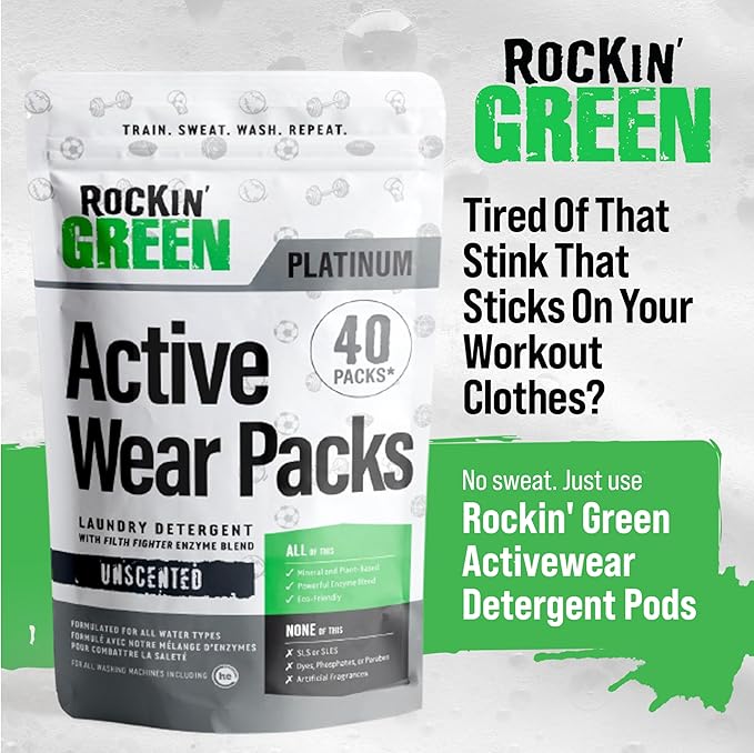 Rockin' Green Laundry Detergent Pods, Plant-based, All Natural, Vegan & Biodegradable Odor Fighter, Safe for Sensitive Skin (Unscented, Active Wear 40 Pods)-Ruum Studio Home