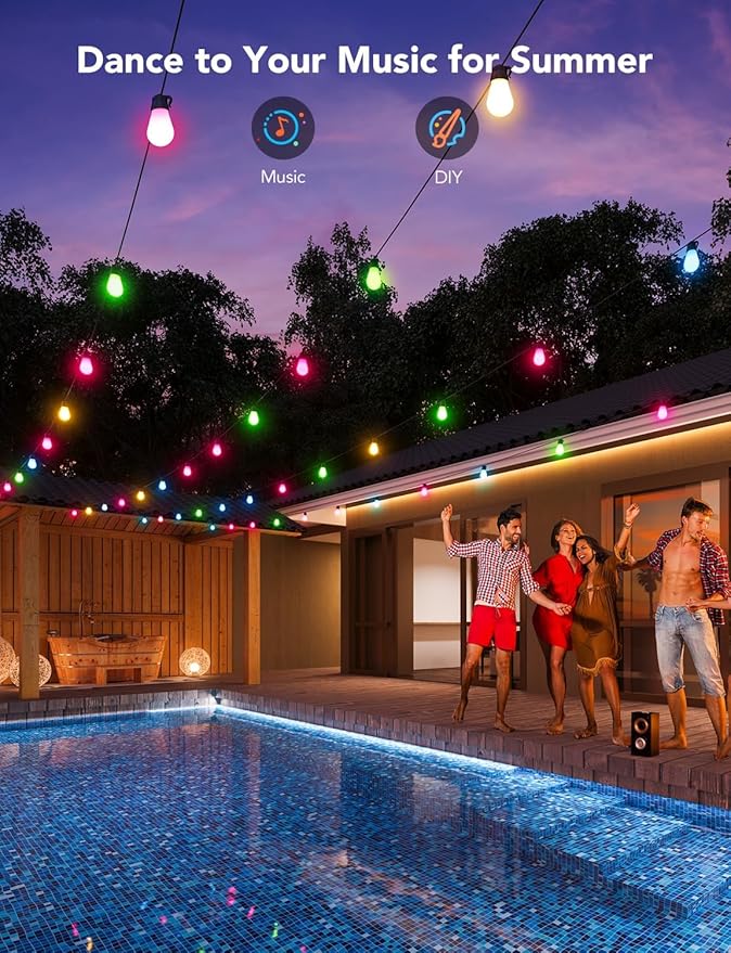 Govee Smart Outdoor String Lights H7015, 48ft RGBIC Outdoor Lights with 15 Dimmable LED Bulbs, IP65 Waterproof, Color Changing Warm White Lights with 47 Scene Modes for Patio, Backyard, App Control-Ruum Studio Home