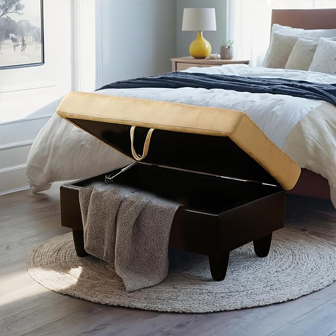 Ottoman Rectangular Storage Ottoman Bench, Flannel Footrest Stool Footstool with Lid for Living Room, Bedroom, Entryway, Champagne&Black, 35"x23.5"x17.5"-Ruum Studio Home