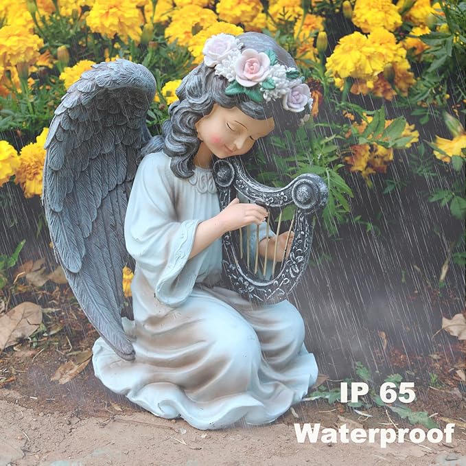 Garden Angel Decor Solar Angels Statues for Garden Waterproof Angel Sculpture Playing The Harp Solar Angels for Yard Patio Gardening Gift-Ruum Studio Home