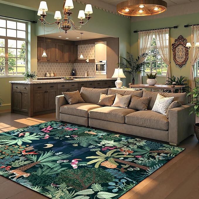 LIVEBOX 6x9 Jungle Dark Rug Dining Room Rugs for Under Table, Soft Modern Green Rugs for Living Room, Washable Kids Rug for Boy Bedroom, Non-Skid Kids Carpet Playmat for Play-Ruum Studio Home