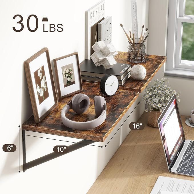 10 Inch Deep Floating Shelves, Floating Shelf 16 Inch Long, 16"W x 10"D Wall Shelves Set of 2, Deep Shelf for Books, Wide Floating Shelves for Bahtoom, Living Room, Kitchen, Rustic Brown-Ruum Studio Home