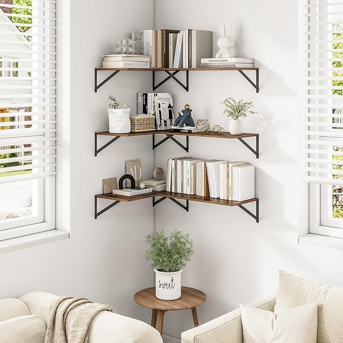 Heimlove 24" W x 12" D Wall Shelves for Books, 12 Inch Deep Floating Shelves Set of 3, Wide Floating Bookshelf with Metal Bracket for Living Room, Kitchen, Office, Bedroom and Decor - Rustic Brown-Ruum Studio Home