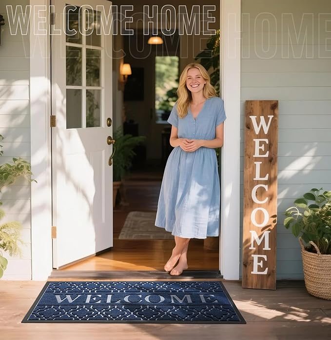 Yimobra Welcome Mat Outdoor Indoor, All-Season Waterproof Front Door Mat Outside Entrance, All-Weather Heavy Duty Non-Slip Doormat, Low Profile Porch Patio Entrance Mats, 47x24, Blue-Ruum Studio Home