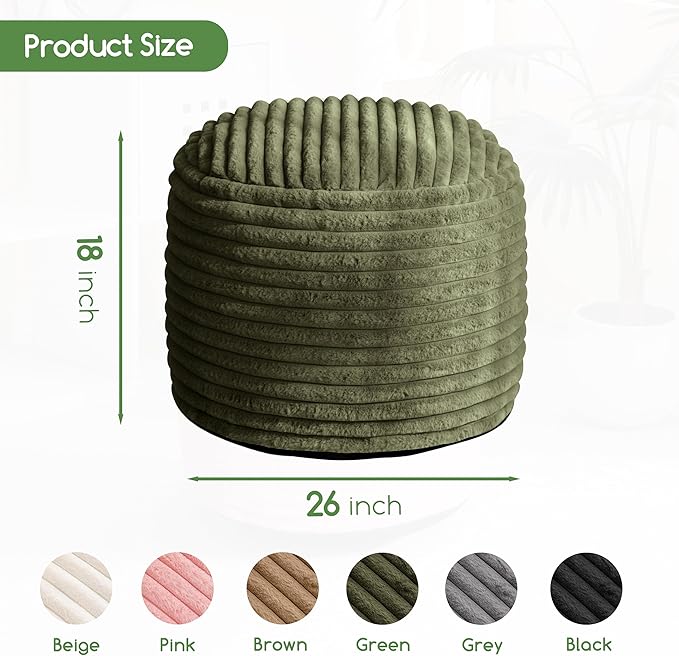 HIGOGOGO Round Stuffed Pouf Ottoman, Stripe Faux Fur Poufs with Foam Chunk Filling, Furry and Fluffy Pouf Foot Stool Storage Ottoman, 26 X 18 Floor Poufs Foot Rest for Living Room, Green-Ruum Studio Home