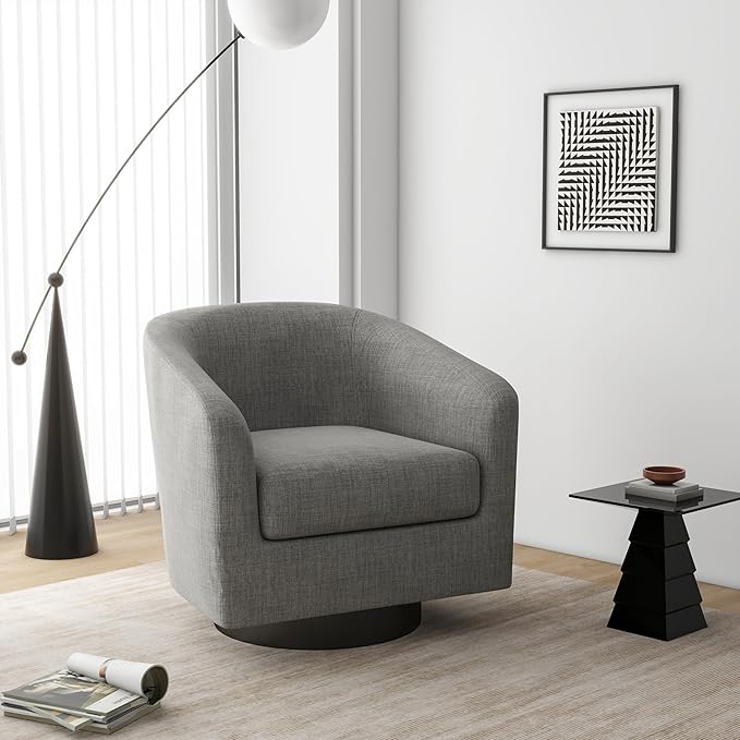 Swivel Barrel Accent Chair, Modern Round Linen Arm Chair for Living Room, Bedroom, Comfy Club Reading Chairs for Adults（Linen Fabric, Light Grey, Set of 1-Ruum Studio Home