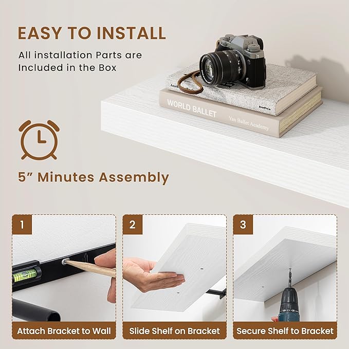 fuqing Floating Shelves for Wall, Bathroom Shelf Wall Mounted for Storage, Shelves with Invisible Bracket for Bedroom, Kitchen, Living Room, Farmhouse Small Book Shelf, 48 Inch Set of 2, White-Ruum Studio Home