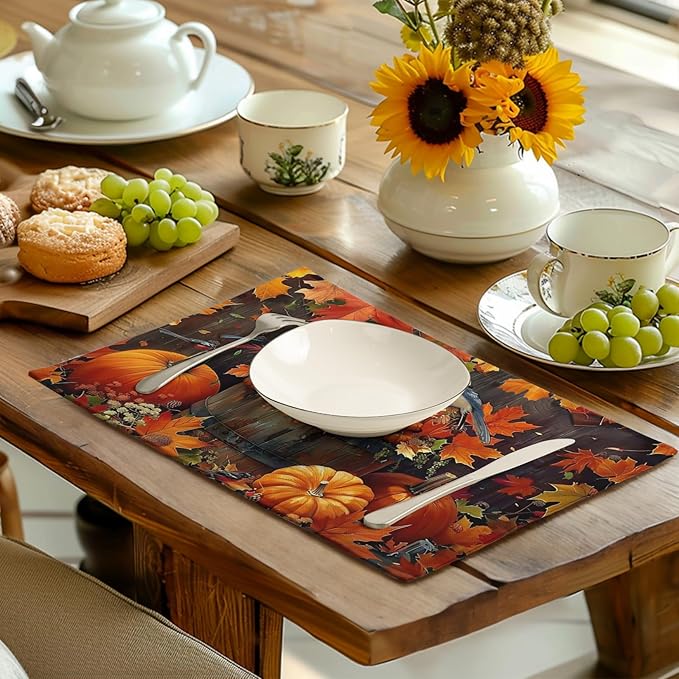 Pumpkin Maple Leaf Bird Fall Placemats Set of 4 Autumn Thanksgiving Seasonal Holiday Harvest Linen Table Mats Orange Brown Washable Place Mats for Party Kitchen Dining Outdoor Indoor Decor-Ruum Studio Home