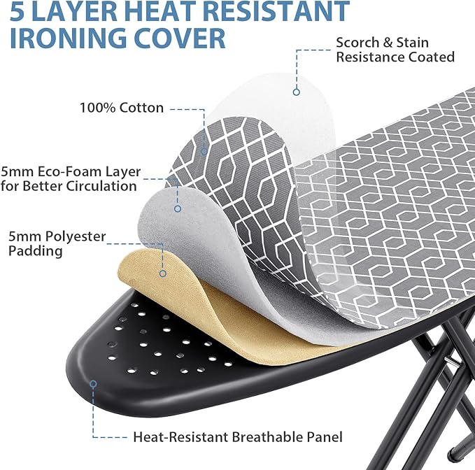 KINGBOARD Ironing Board, Foldable Iron Board with Iron Rest, Compact Ironing Board with Height Adjustable, Extra Thick Heat-Resistant Cover, Heavy-Duty Sturdy Metal Legs, 43x13 Grey-Ruum Studio Home