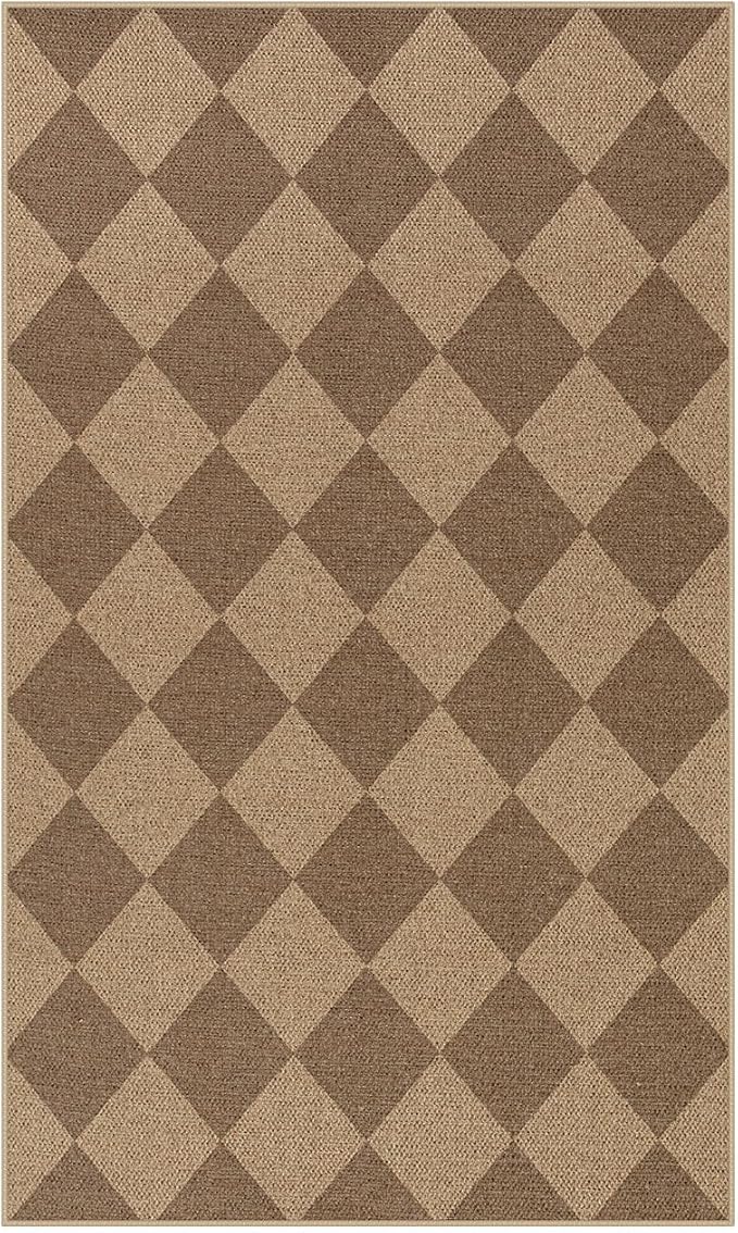 Lahome Checkered Easy Jute Indoor Outdoor Rug, 3x5 Washable Nature Rug for Entryway Living Room Indoor, Farmhouse Non Slip Checkerboard Carpet for Entry Guestroom Deck-Ruum Studio Home