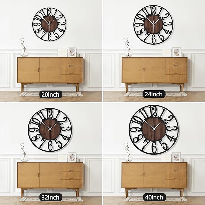 Maxstar Large Round Wall Clock for Living Room Decor Battery Operated Non Ticking Black Metal Wood Clocks for Home Living Room Garden Office Kitchen Decoration -40inch-Ruum Studio Home