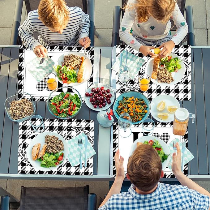 Love Family Placemats Set of 6 Buffalo Plaid Plastic Table Mats Black and White Plaid Place Mats Washable Vinyl Love Home Checkered Table Decoration for Indoor Outdoor Party Kitchen Dining-Ruum Studio Home