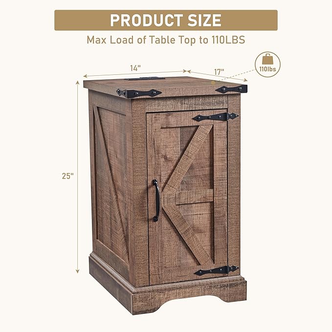 JXQTLINGMU Nightstand with Charging Station, Rectangular Farmhouse End Table with Barn Door and Adjustable Storage Shelf, 17" Deep Wood Rustic Sofa Side Table for Living Room, Bedroom, Light Brown-Ruum Studio Home